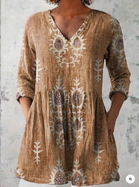 Women's printed loose dress with wave pattern, 3/4 sleeves and elastic waistband