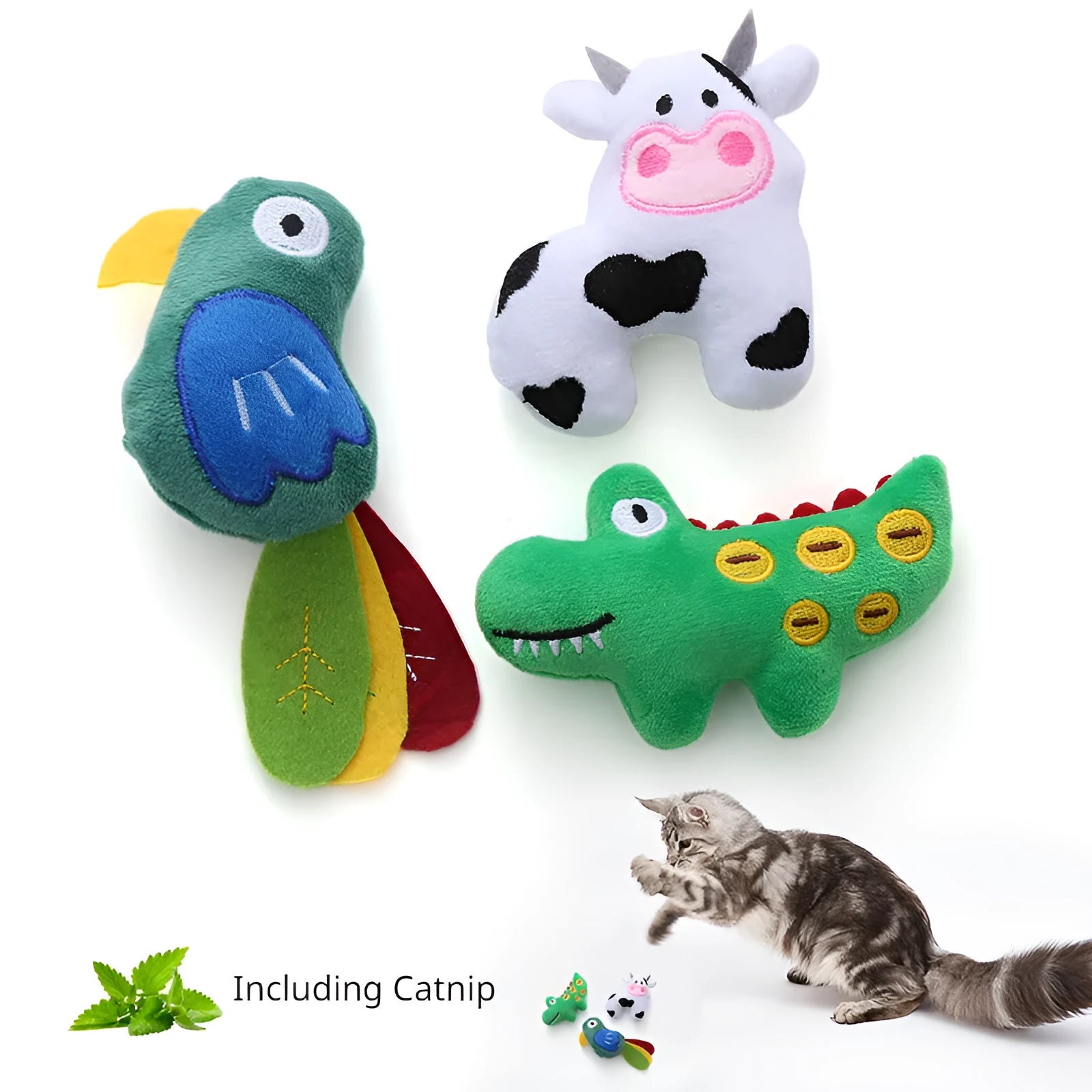 Plush cat toy in the shape of a cow, filled with catnip for interactive play with pets.