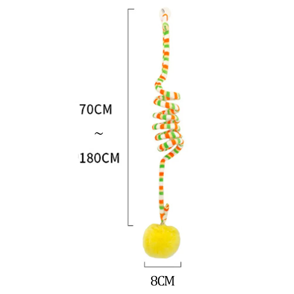 Hanging cat toy with long spring, inflatable ball, bell, and suction cup in various colours