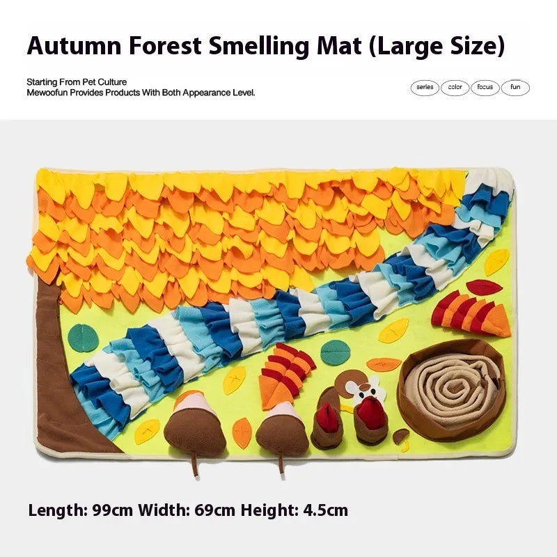 Plastic fabric dog sniffing mat with textured surface for hiding food treats, showing multiple theme design options
