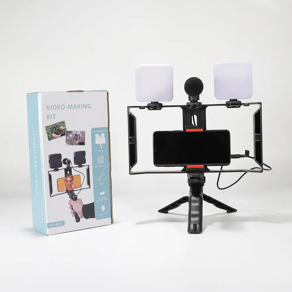 Universal LED mini square camera flash with rotatable head on a tripod stand.