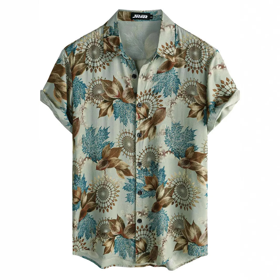 Man wearing a short sleeve floral Hawaiian shirt with lapel collar, made from elastic polyester fabric.