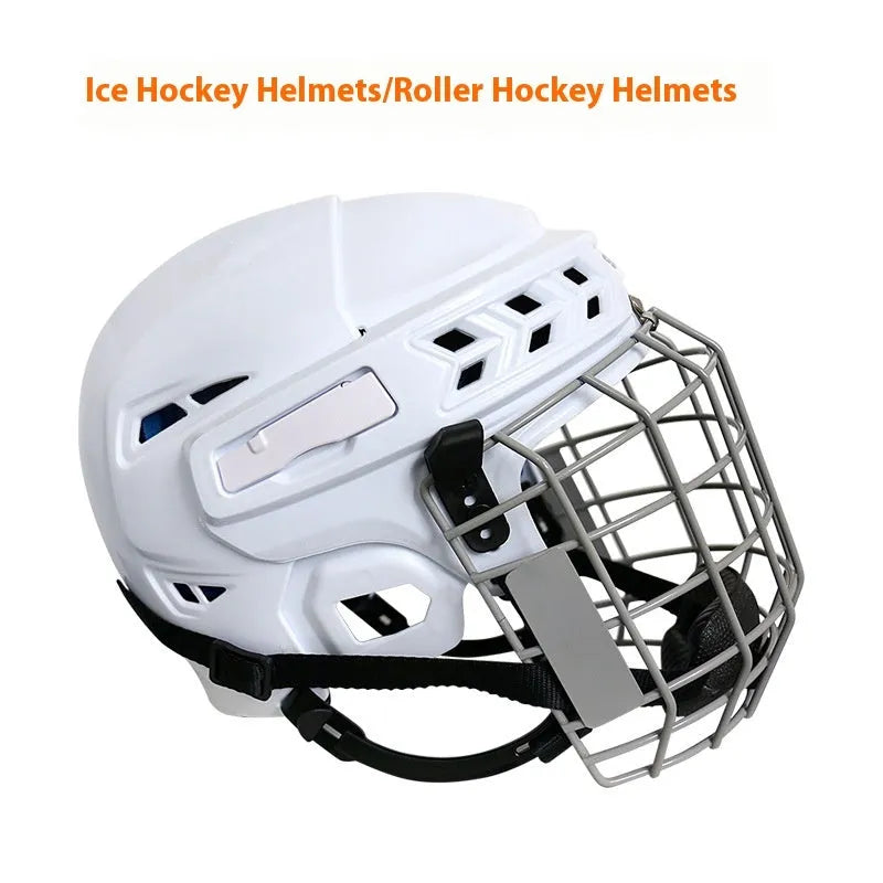 Ice hockey and ball hockey helmet with a carbon steel face mask, shown in a side view.