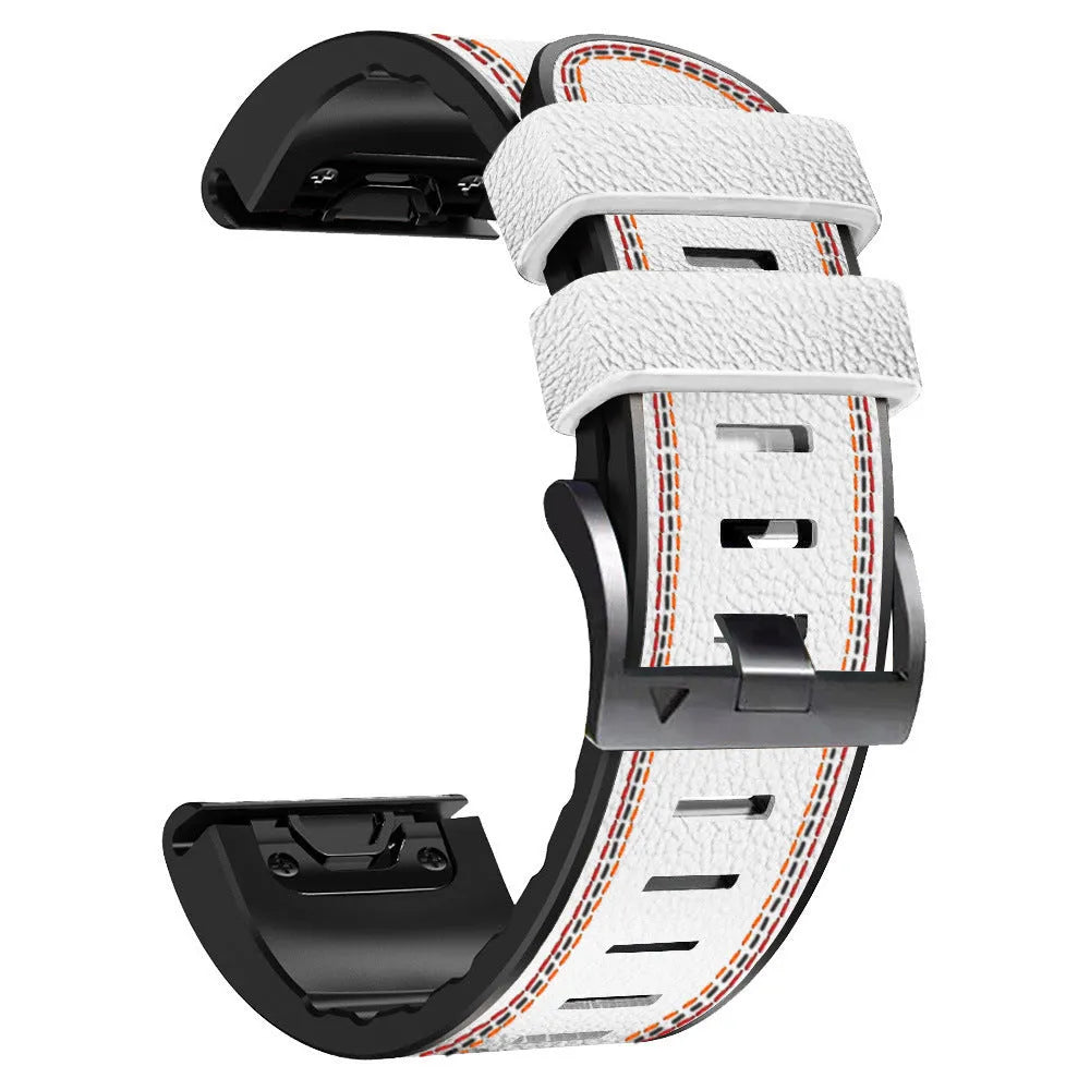Quick release silicone leather watchband for Garmin Fenix watches in black, shown detached.