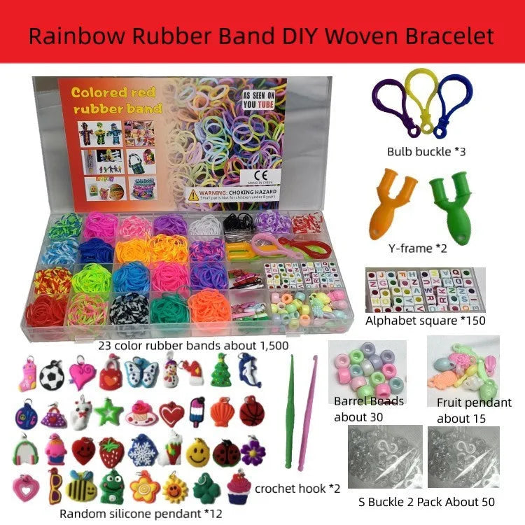 Rainbow rubber band hand-woven DIY bracelet kit in a box with 40 grid colour cells and TPR bands