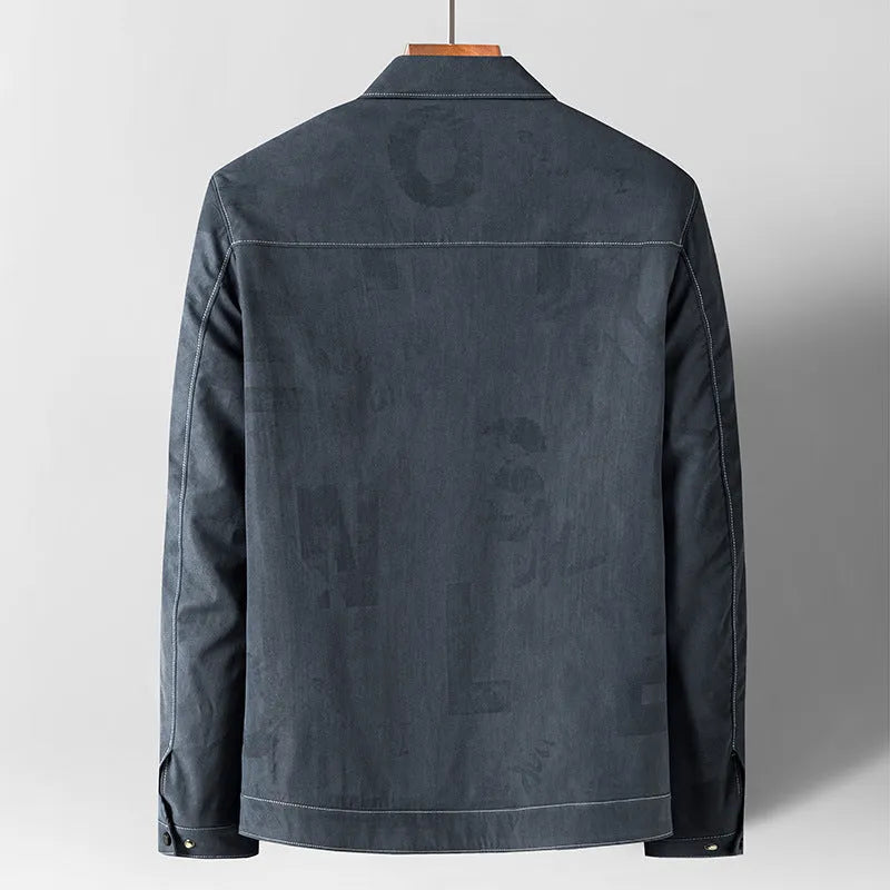 Men's grey denim jacket coat with lapel collar and multiple pockets, slim fit, front view