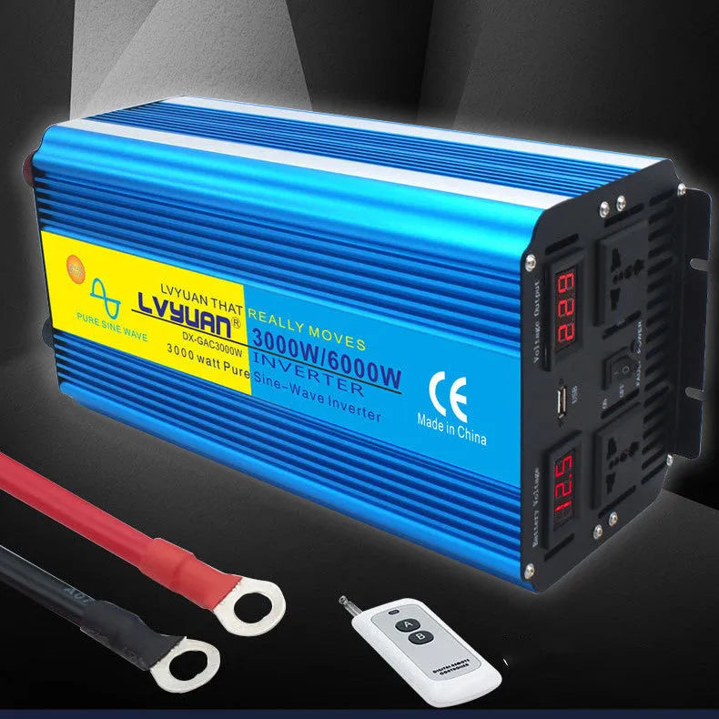 Blue 3000W dual digital display car power inverter with remote control and UK plug.