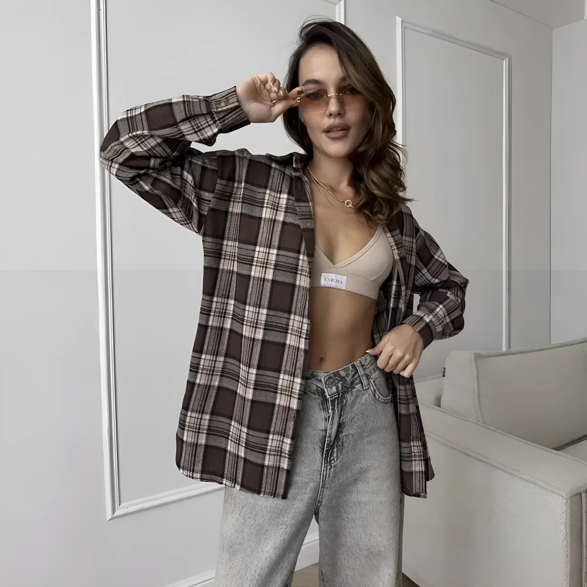 Dark brown retro striped women's cotton shirt with plaid pattern and long sleeves