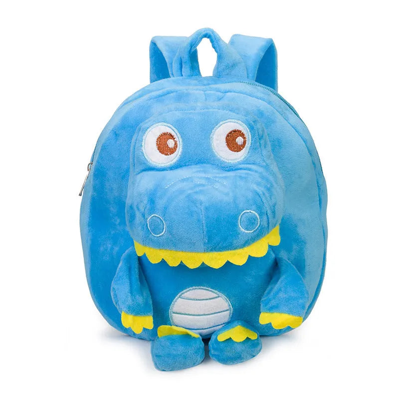 Soft blue dinosaur plush backpack for children with embroidered dinosaur pattern and a soft handle.