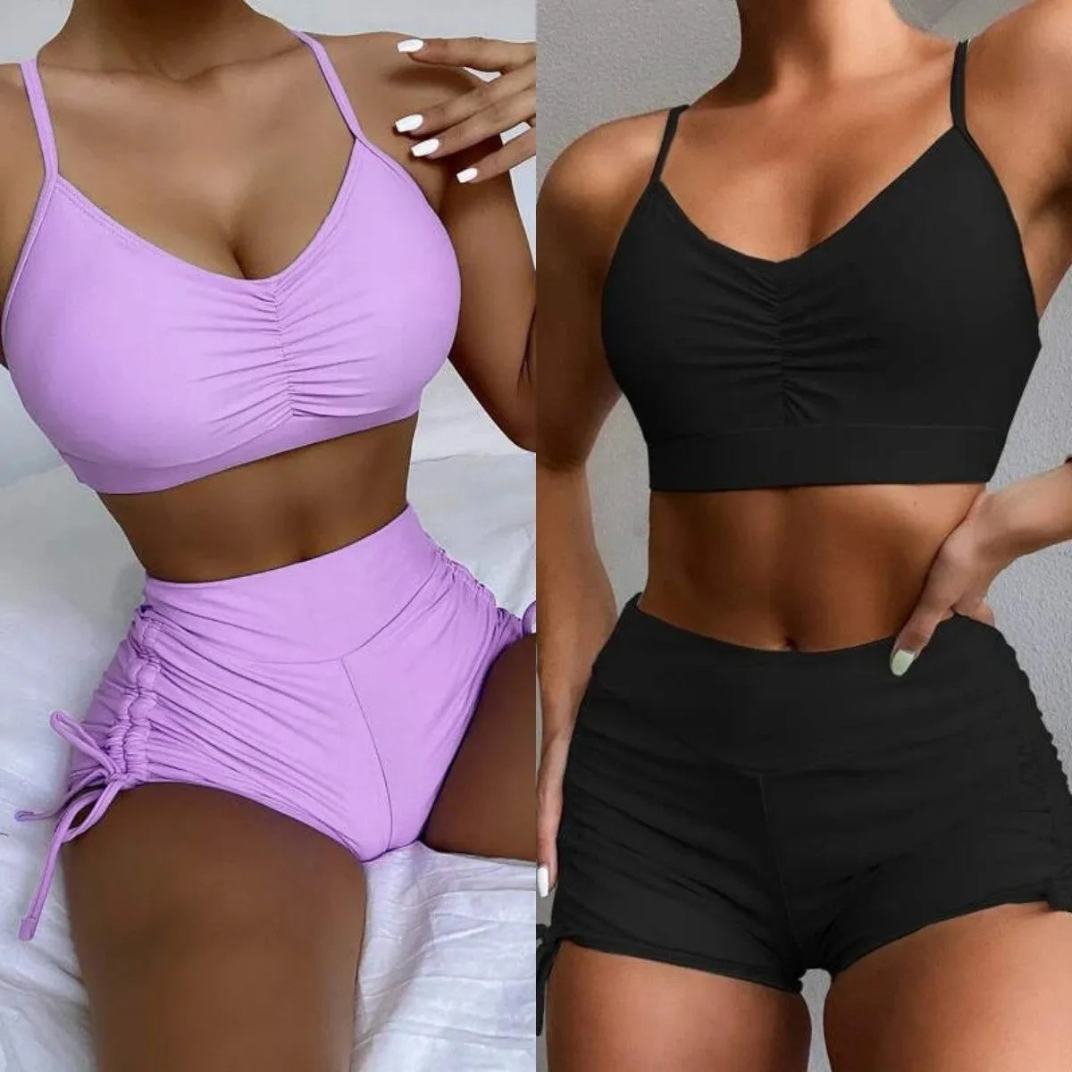 Purple and black women's high waist bikini swimsuit set on a mannequin.