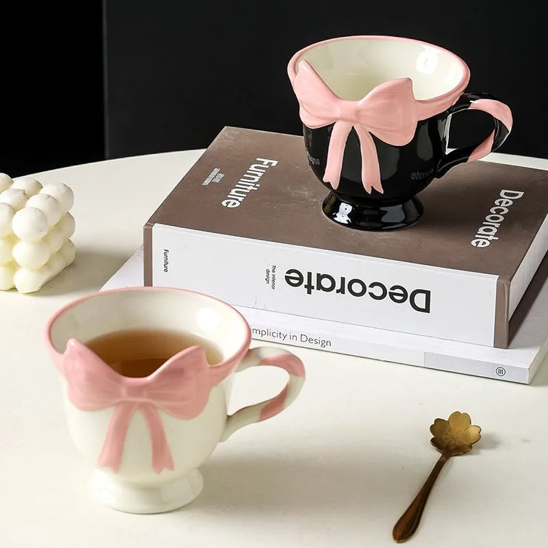 Ceramic mug with girl heart bow design in black pink colour