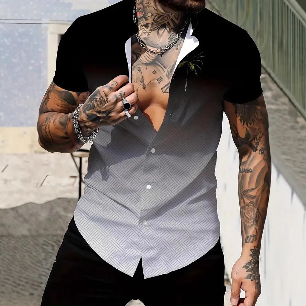 Men's slim fit geometric print lapel shirt in lightweight polyester fabric for summer casual wear