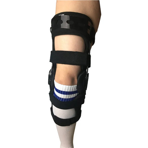 Black anterior ligament knee supporter with iron side stabilisers and sponge padding