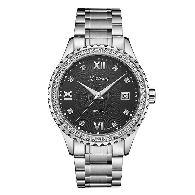 Fashionmonger men's gold and black automatic waterproof watch with luminous hands on a wrist.