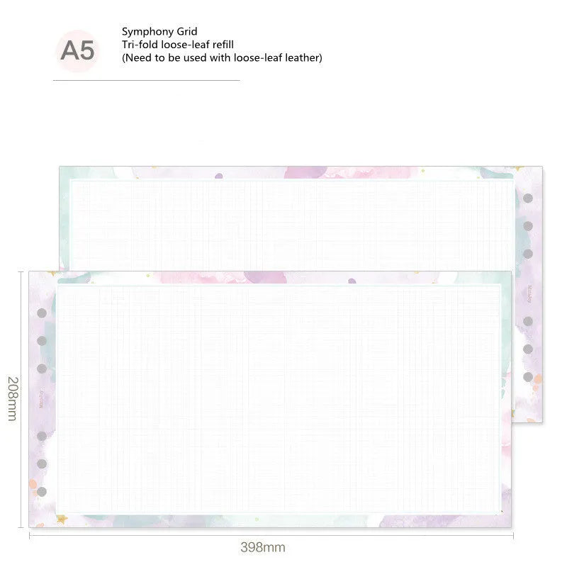 A5, A6, and A7 loose-leaf planner refill sheets showing floral and tri-fold layout designs