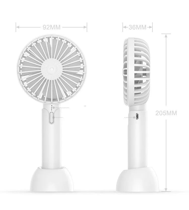 Blue mini handheld electric fan with USB cable showing three-speed control buttons