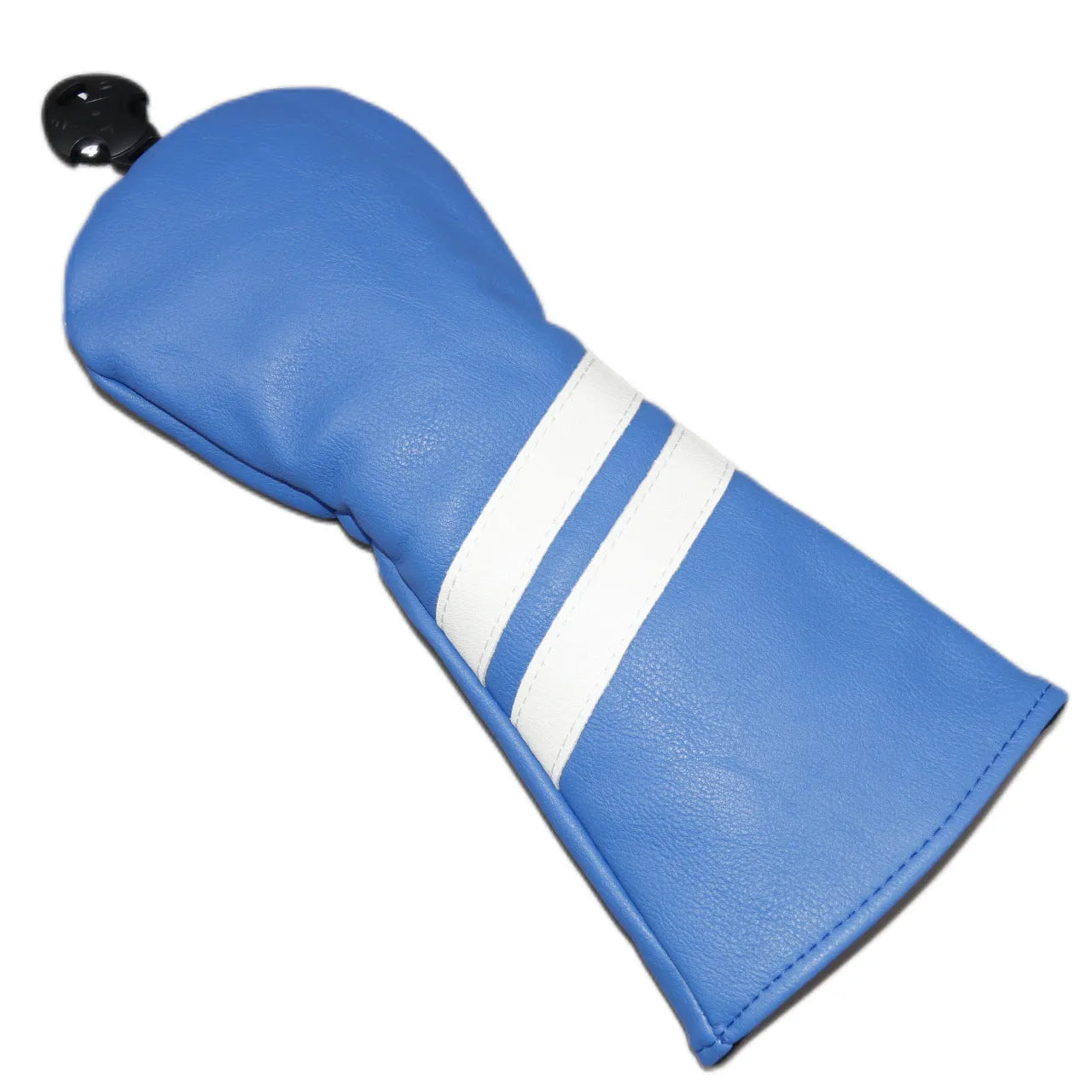 Blue golf club head cover with two white diagonal stripes, shown alongside red and black versions.