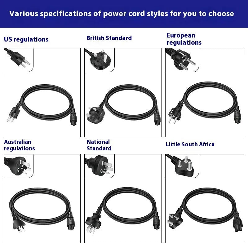 Black 65W USB-C laptop power adapter with set of international plug cords.