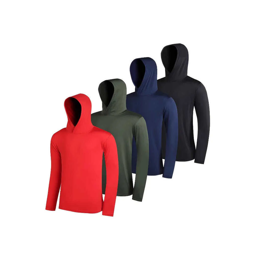Four men's lightweight polyester hoodies folded together, showcasing elastic fabric and available colour options.