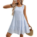 Women's light blue sleeveless plaid dress with oversized swing skirt on a hanger.
