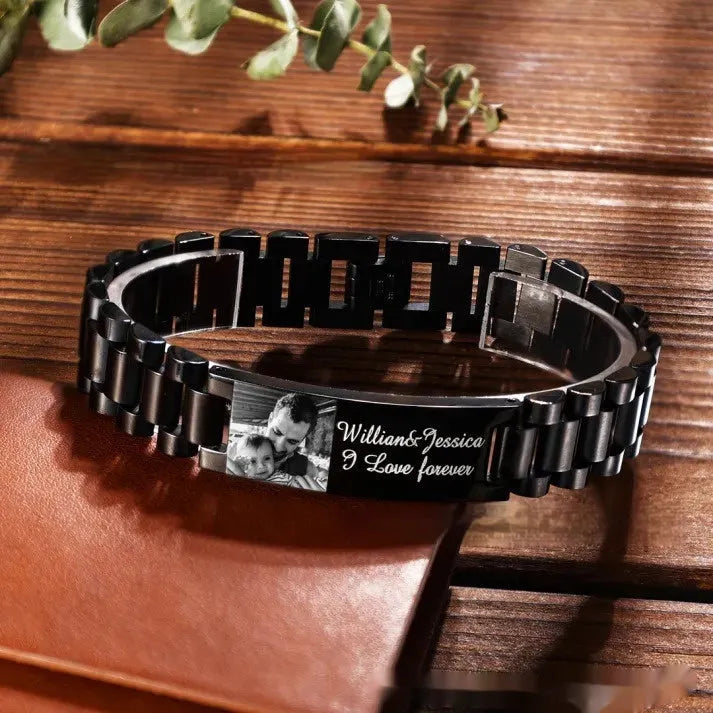 Titanium steel bracelet with curved heart-shaped piece featuring black lettering design