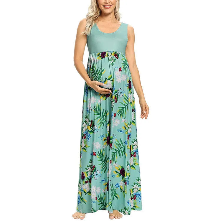 Fashion print stitching round neck maternity dress in light green, sleeveless swing style with high waist, for summer