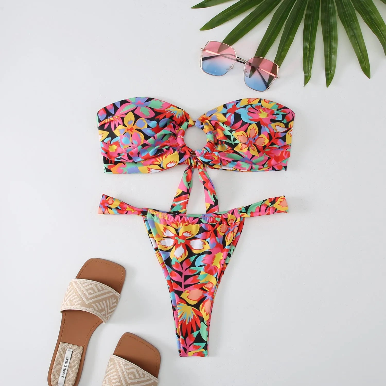 Women's floral printed bikini swimsuit with tube top and backless brief design