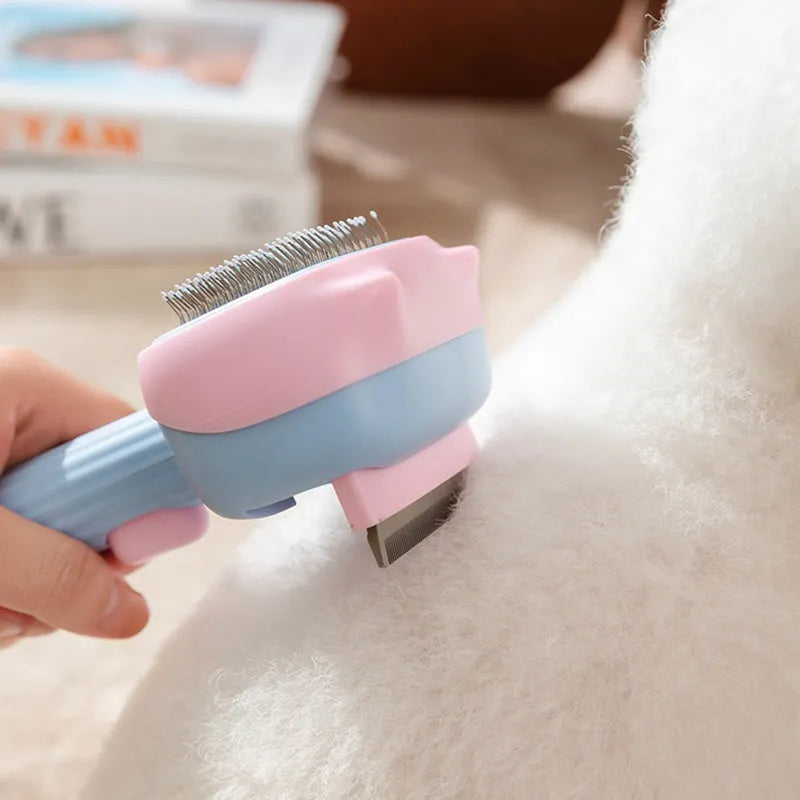 Blue double-sided pet grooming brush with deshedding rake and dematting comb on a wooden surface.