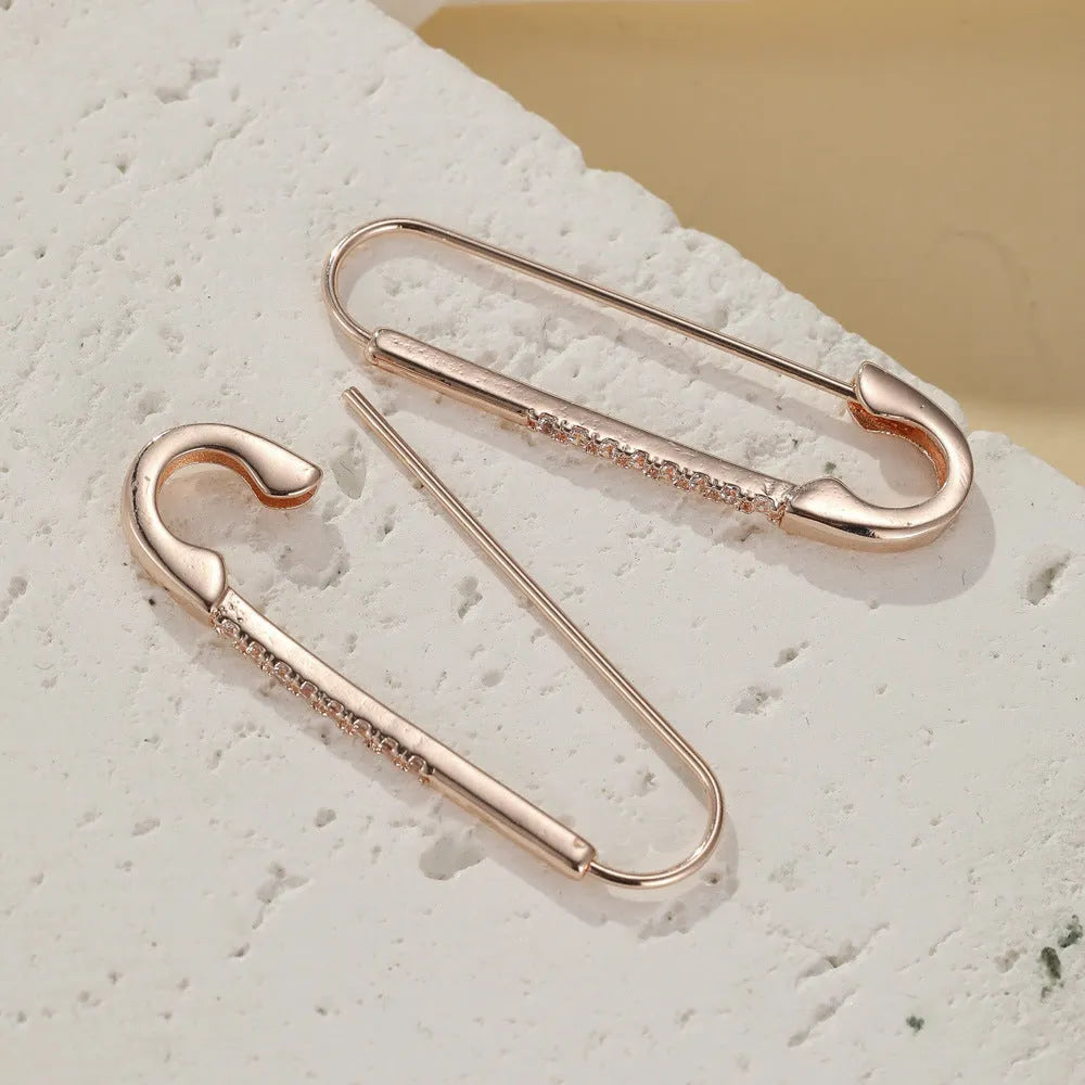 Rose gold copper pin earrings with geometric asymmetric shape and inlaid zircon for women