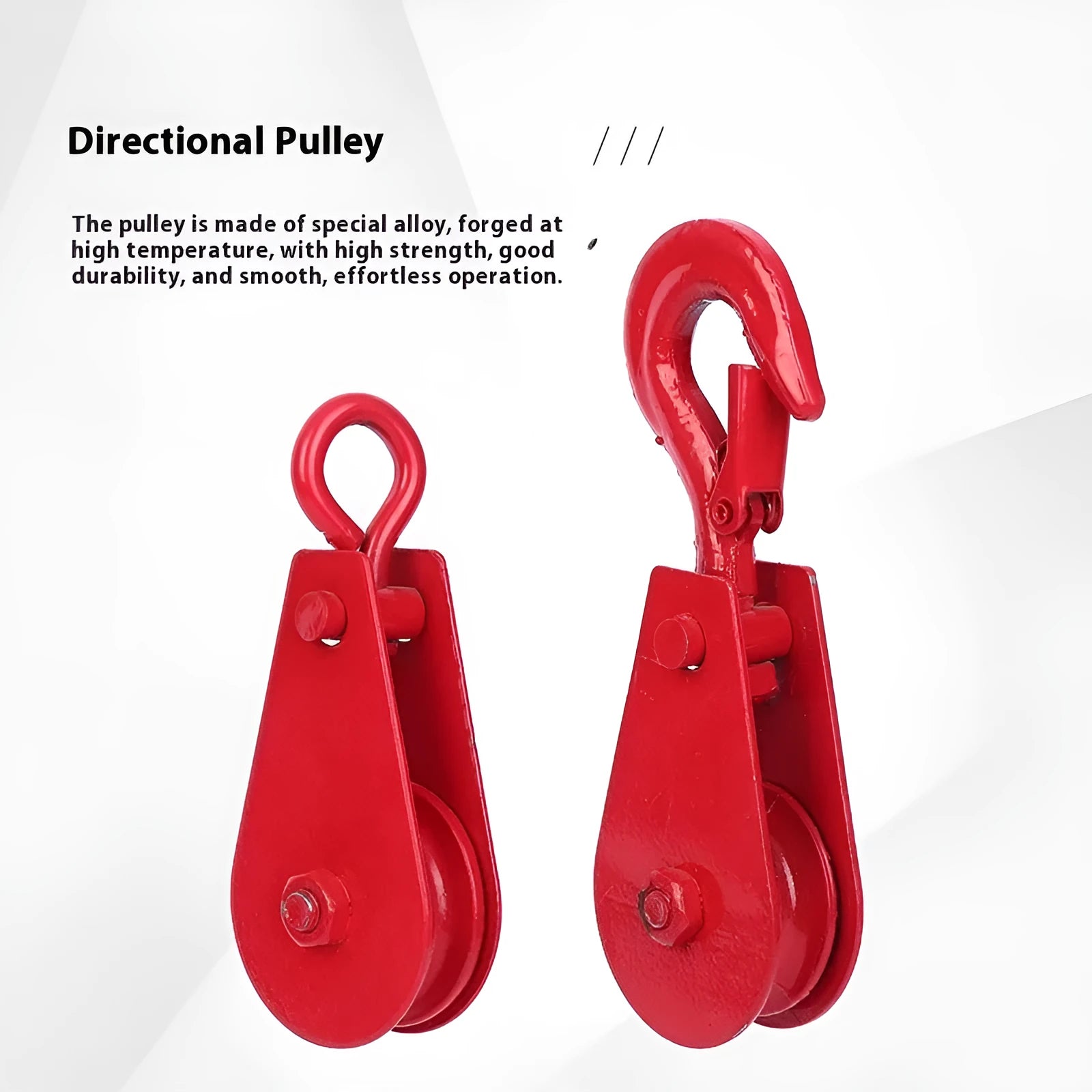 Red industrial lifting pulley with a forged steel safety hook and single wire rope wheel.