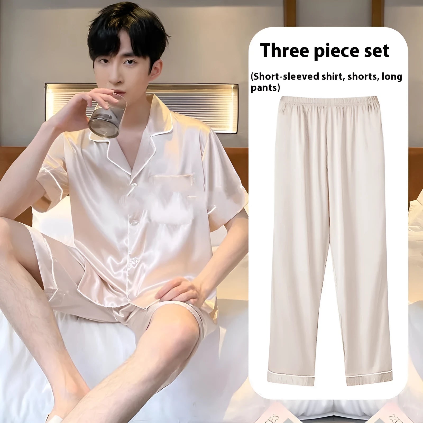 Men's ice silk three-piece homewear suit in a choice of colours including black, blue and champagne.