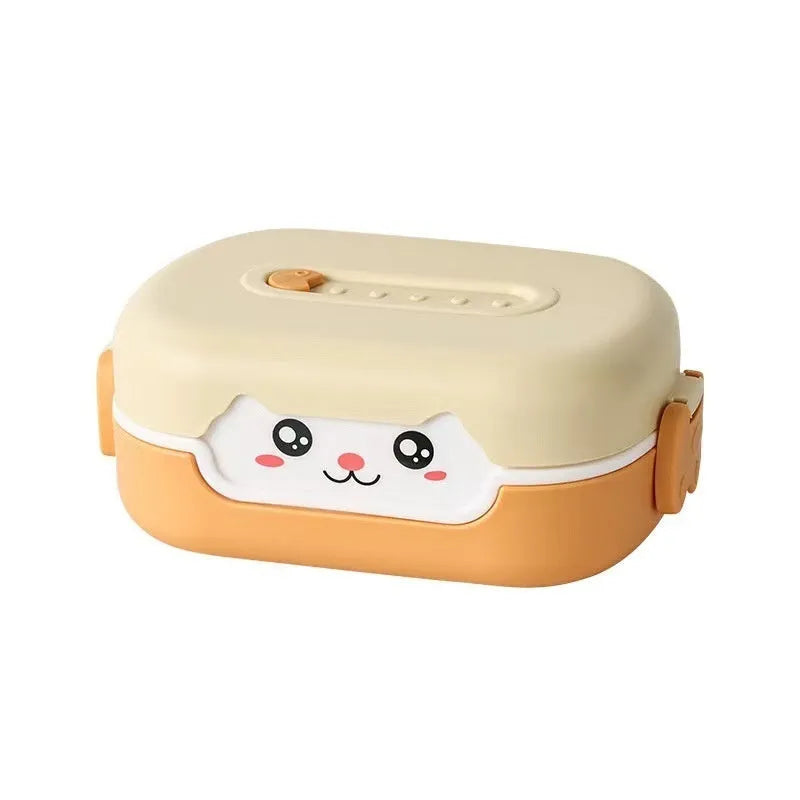 Square divided plastic lunch box with cartoon design in dark blue, orange yellow, or pink and green colours