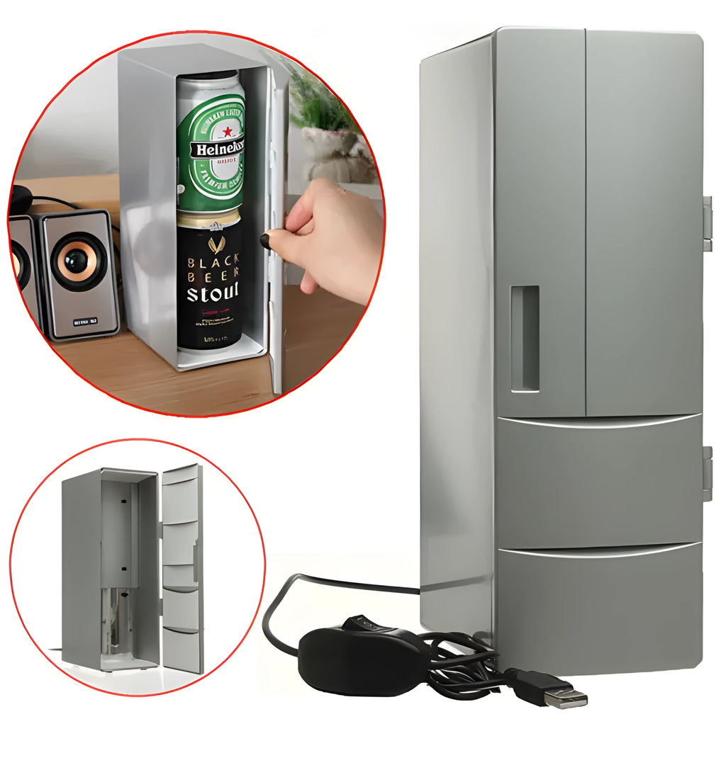 Silver USB mini fridge with LED light, holding two cans, compact size for desk