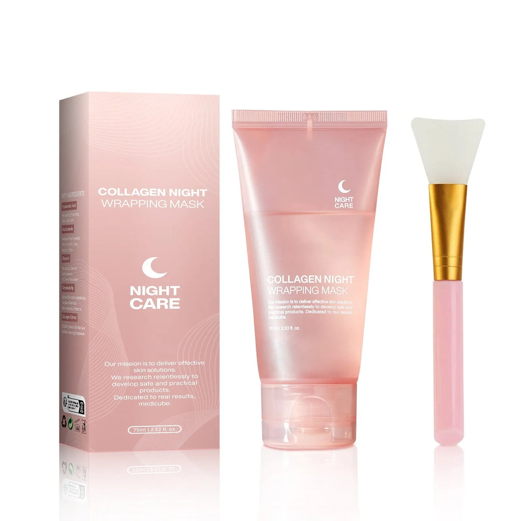 75ml bottle of collagen night face mask with an application brush on a white background.