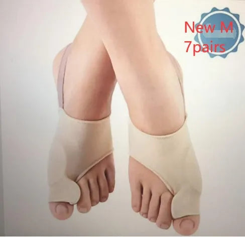 Pair of stretchable corrective socks with a visible gel bunion pad and silicone toe separator.
