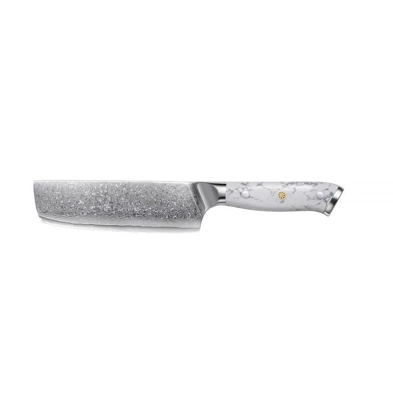 Damascus pattern chef knife with VG10 steel blade measuring 21cm, shown on a kitchen counter.