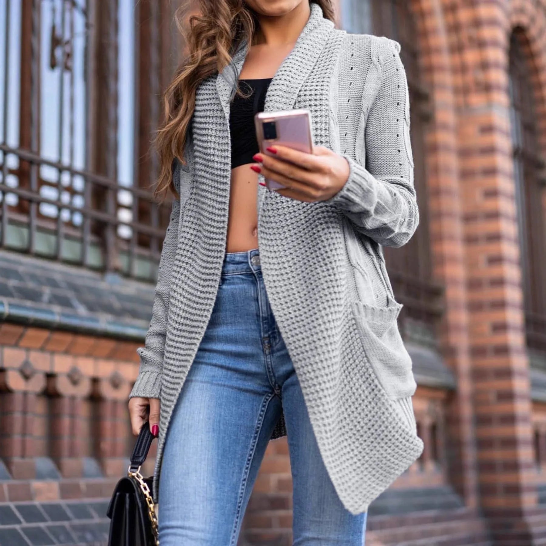 Women's grey loose fit cardigan sweater with pockets, medium length 65cm