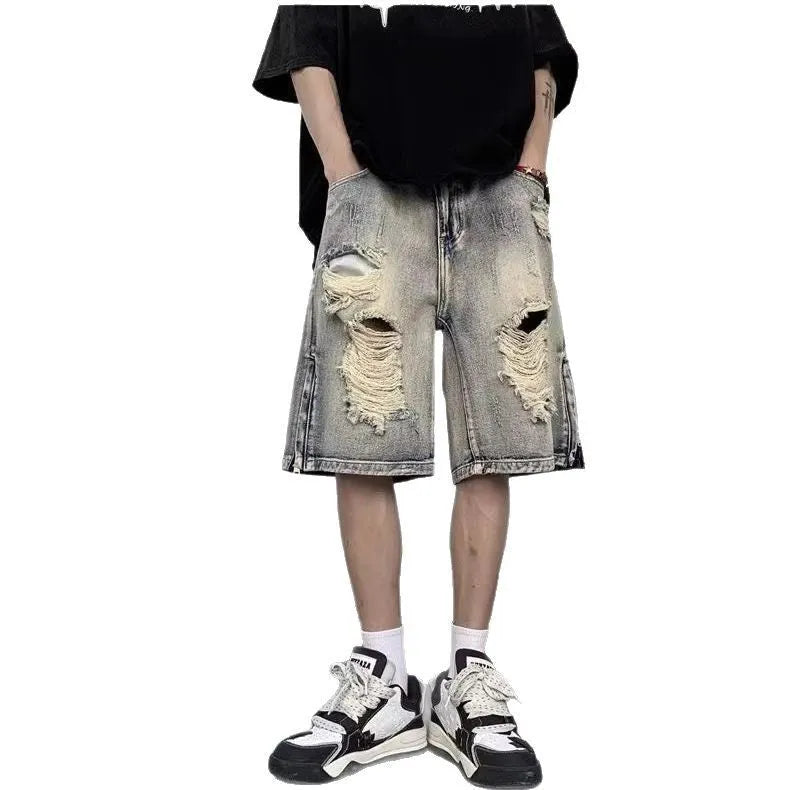 Blue retro denim shorts with wide-leg loose cut and tattered detailing, fifth pants length