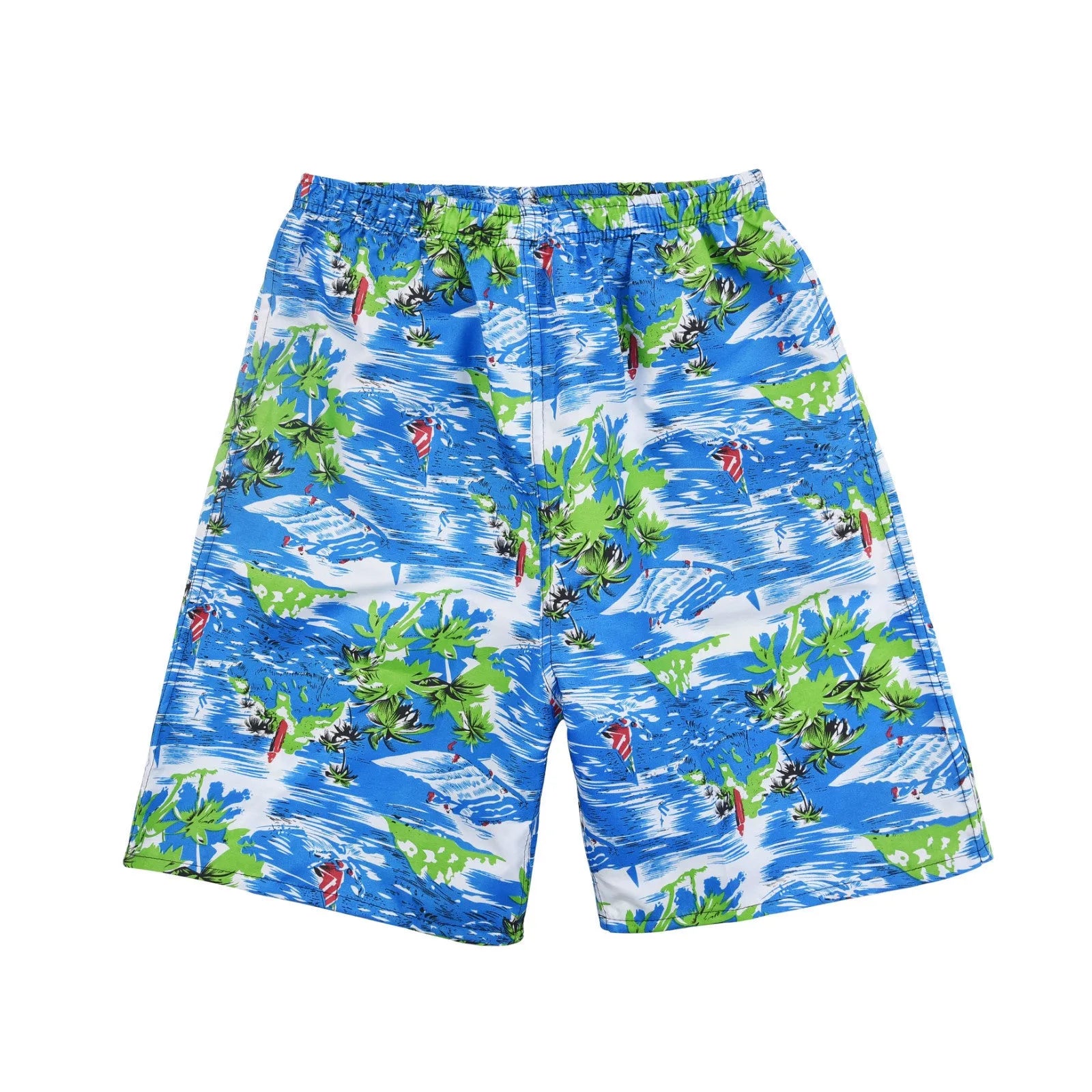 Men's floral print five-point swimming trunks in polyester, showing one of 24 available colour patterns.
