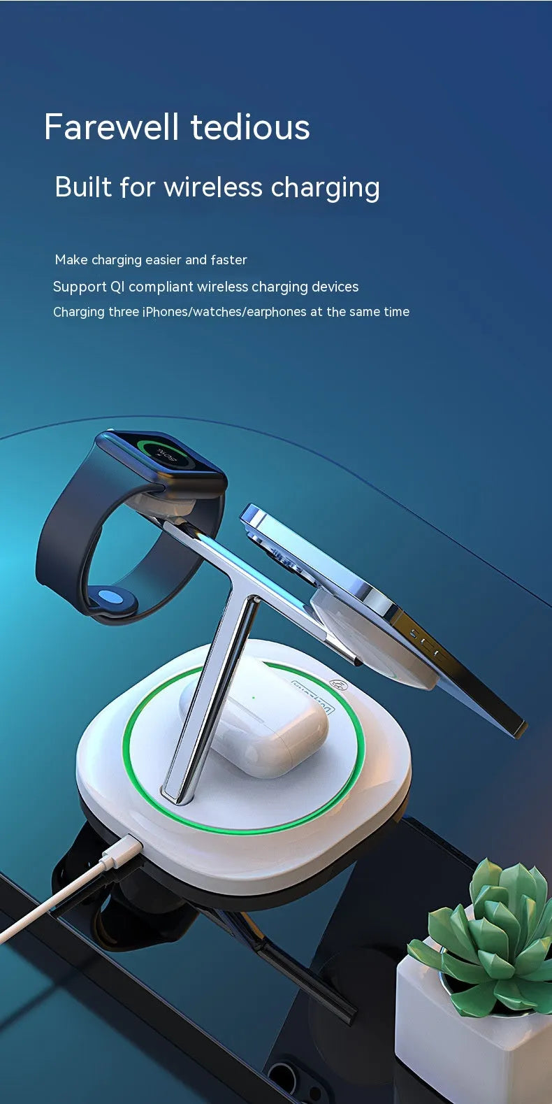 White three-in-one magnetic wireless charger with phone, earphone and watch stands on a desk