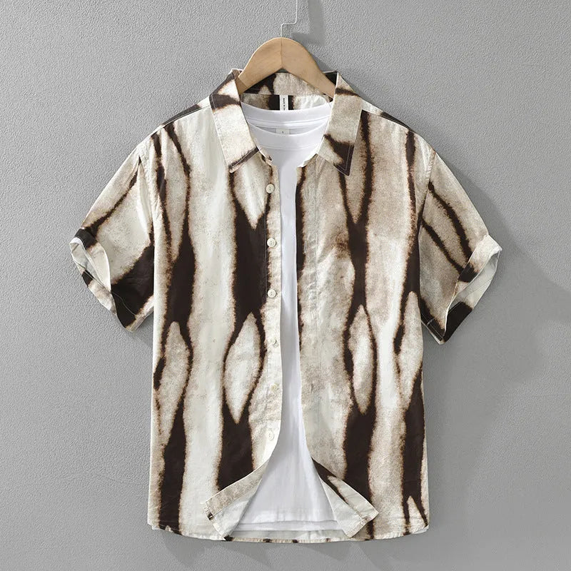 Men's retro striped pure cotton short sleeve shirt in loose cardigan style