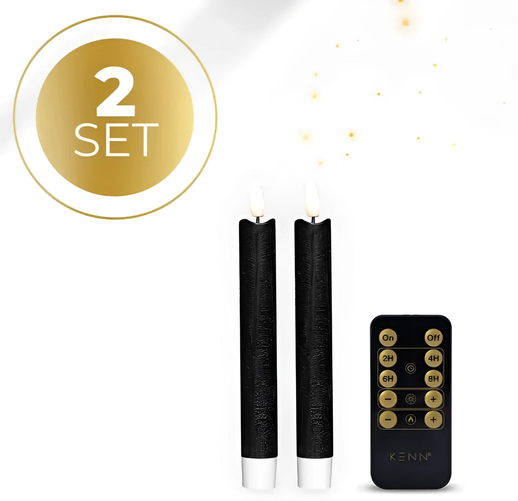 Four black LED taper candles with realistic flickering flame effects