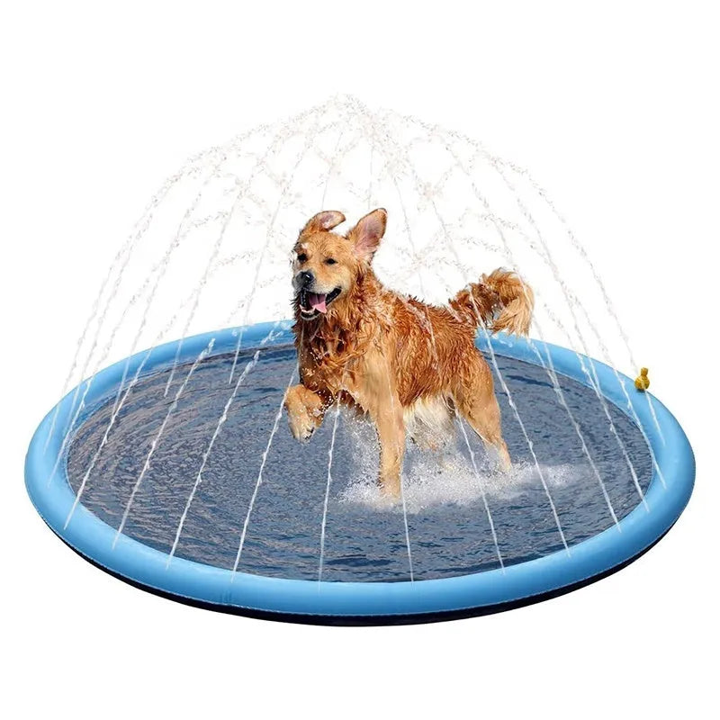 Anti-slip textured dog splash pad sprinkler mat for outdoor water play, shown in a garden.