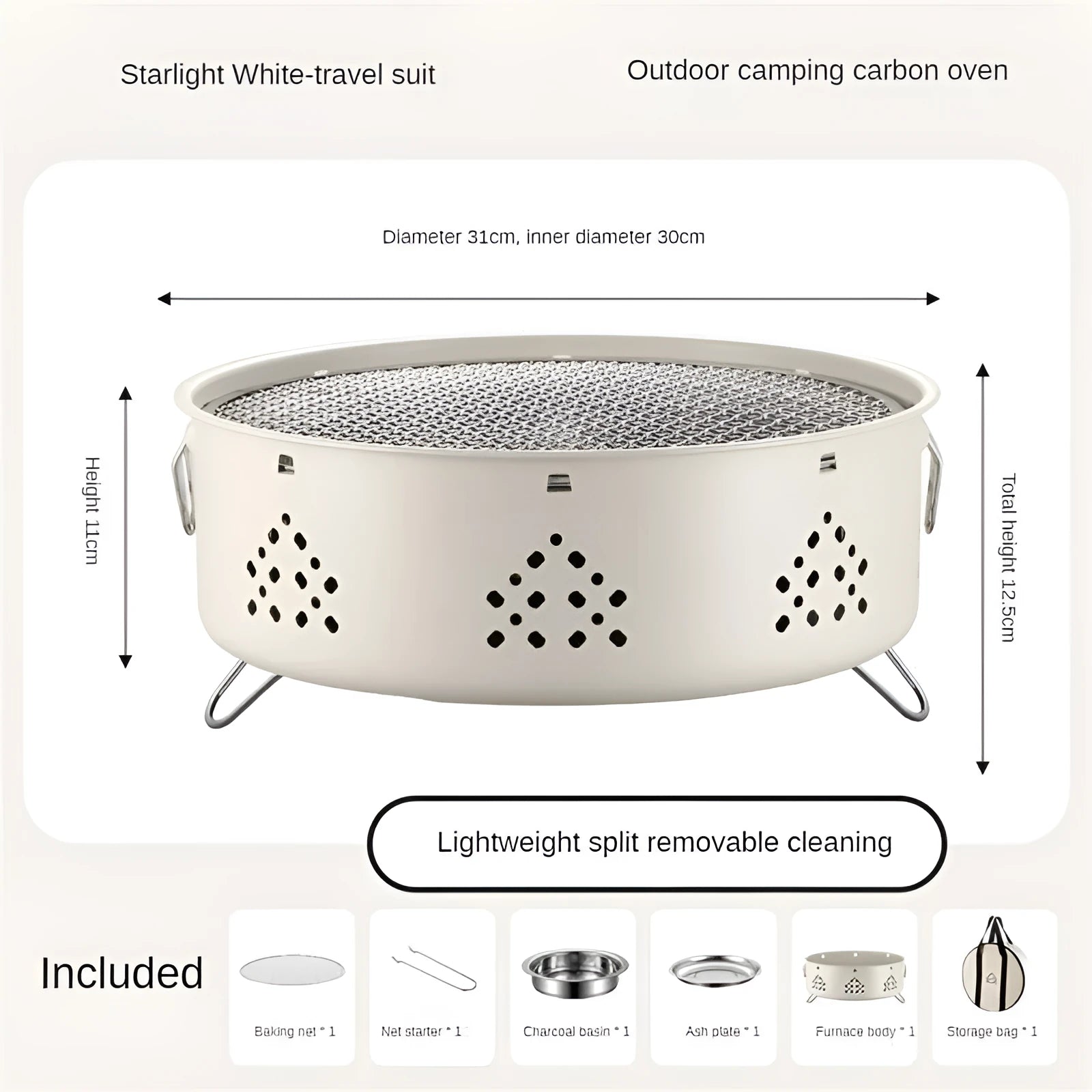 Portable stainless steel charcoal barbecue grill with detachable legs and storage bag
