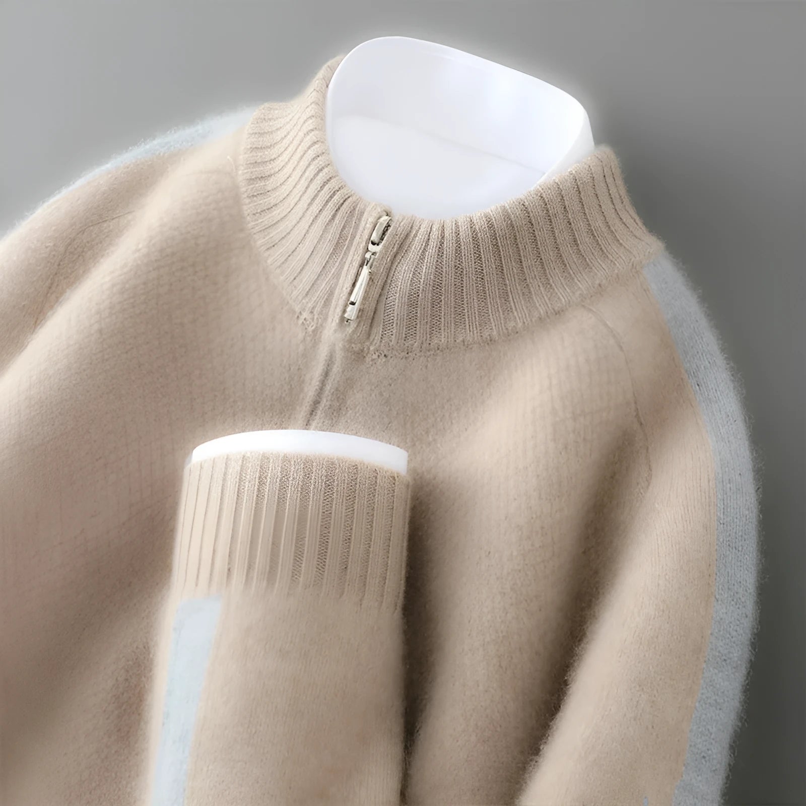 Sheep wool half-height zip knitted sweater in slim fit with round neck