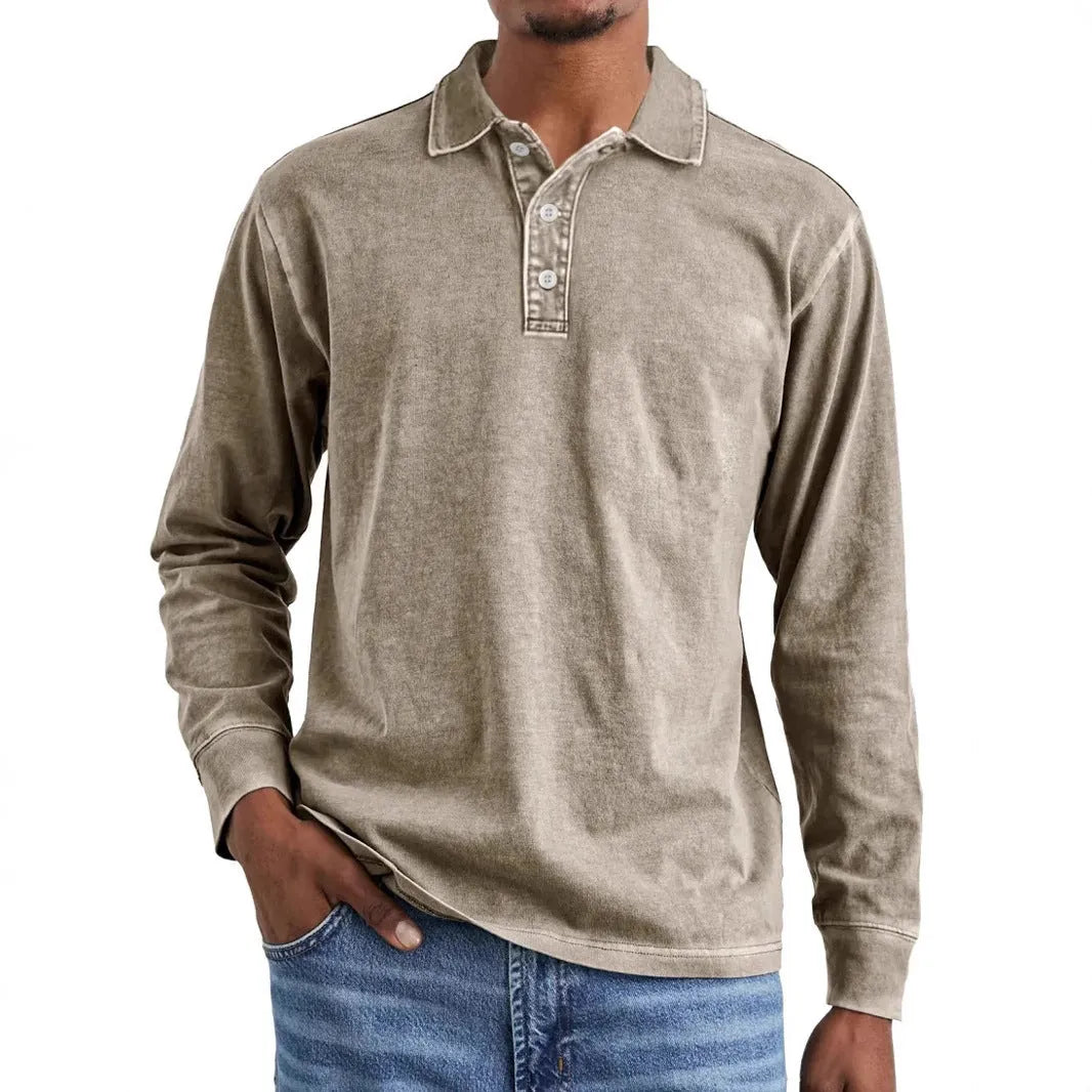 Man's retro washed cotton long sleeve polo shirt with button-up front and lapel collar in various colours.