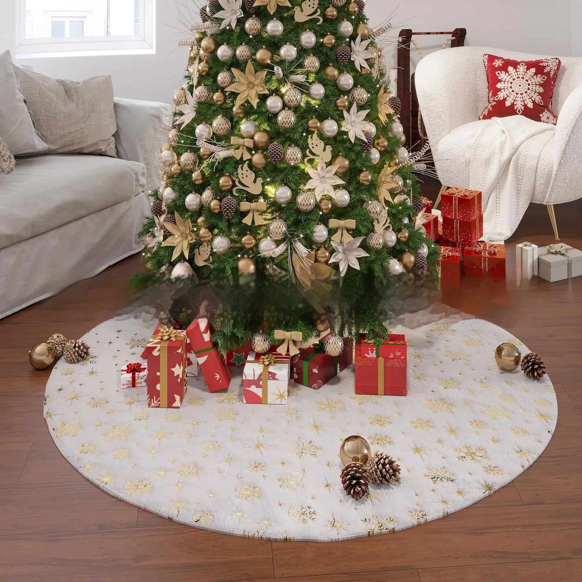 Plush red and green Christmas tree floor mat with snowflake design on a wooden floor.