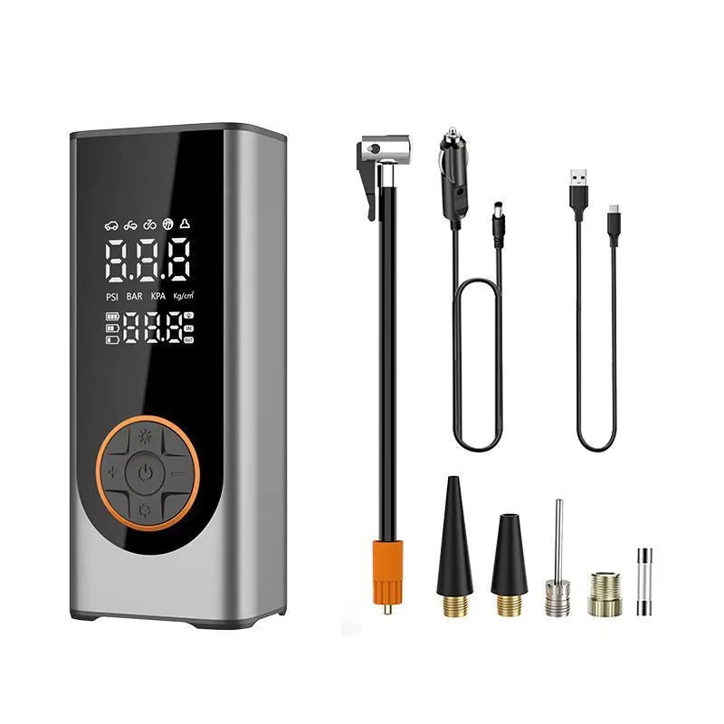 Wireless intelligent aluminium alloy car tyre inflator in black with LED gauge and warning light on a dark background