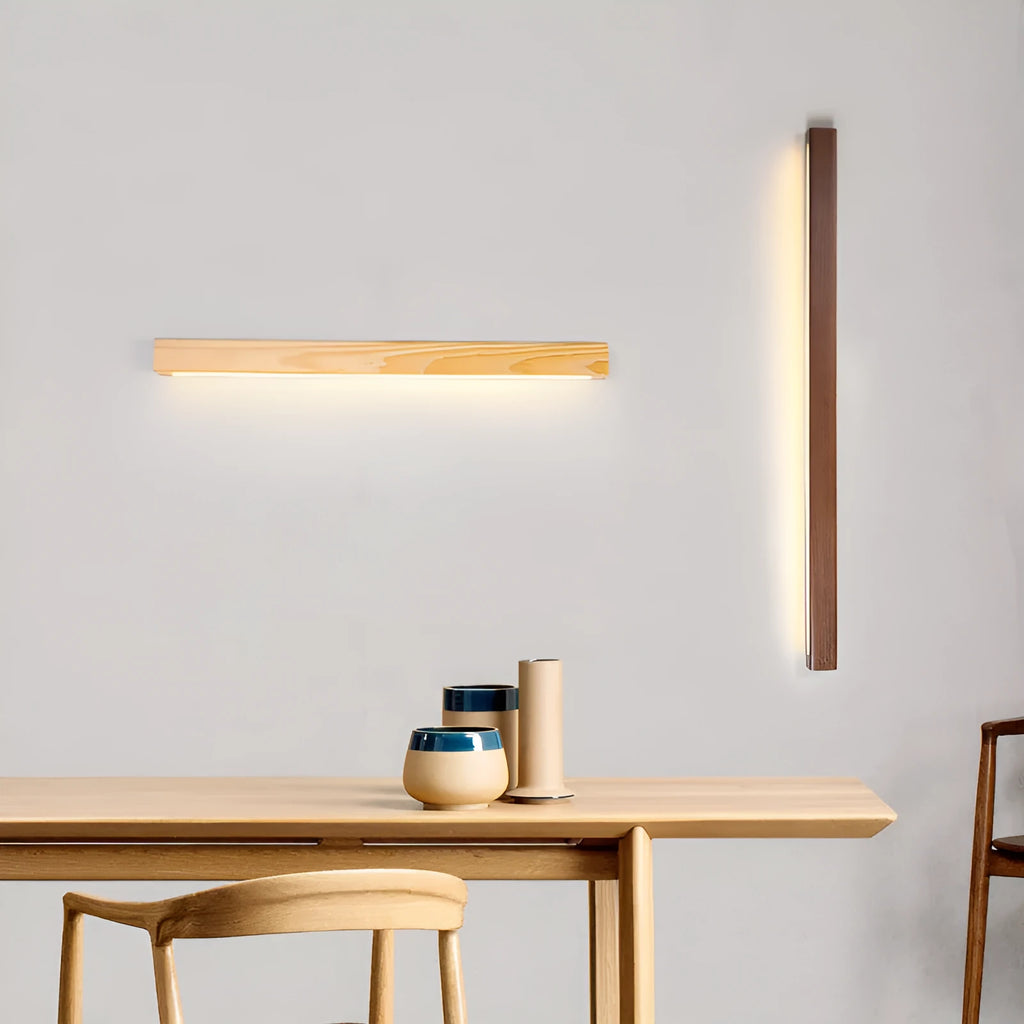Walnut colour wood and acrylic LED strip wall lamp in modern minimalist design