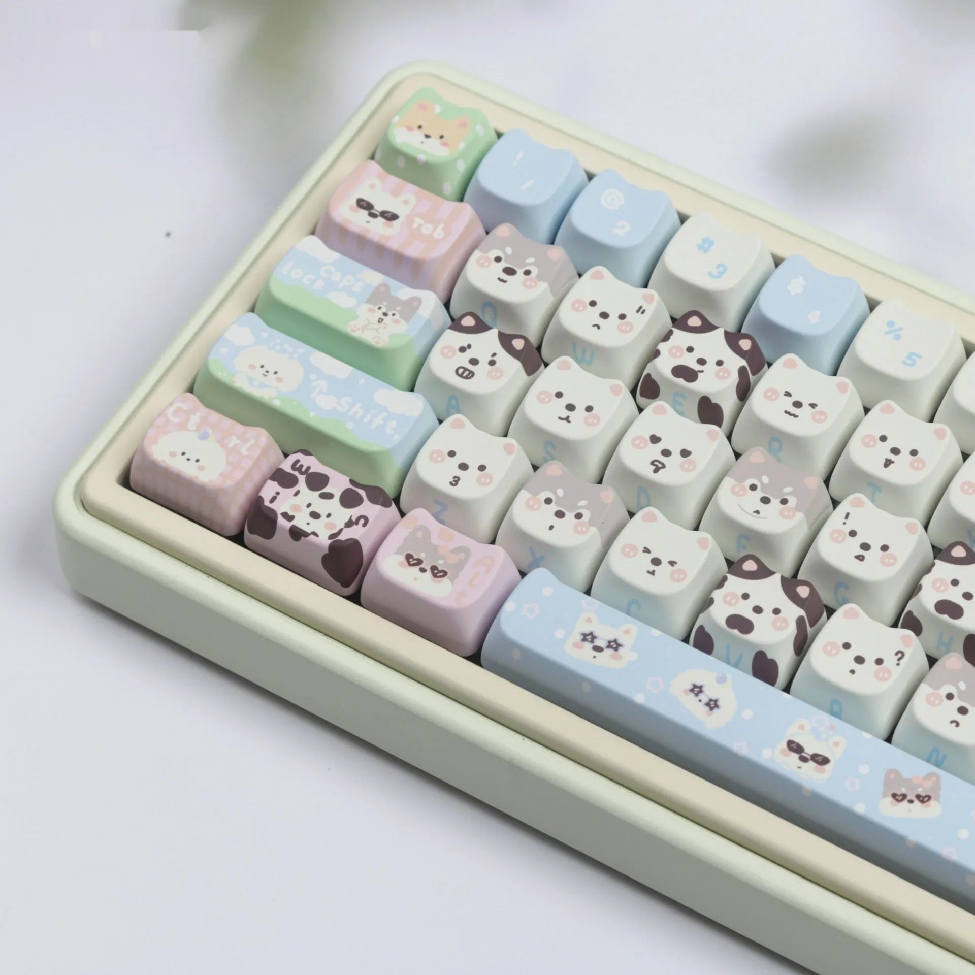 Full set of colourful puppy design PBT plastic key caps for a mechanical keyboard.